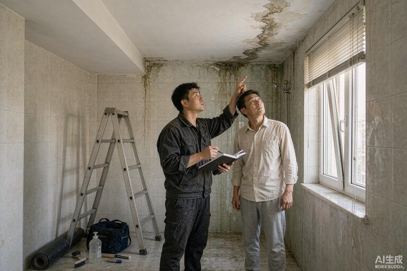業主與防水維修人員現場核對滲漏位置與報修資料
